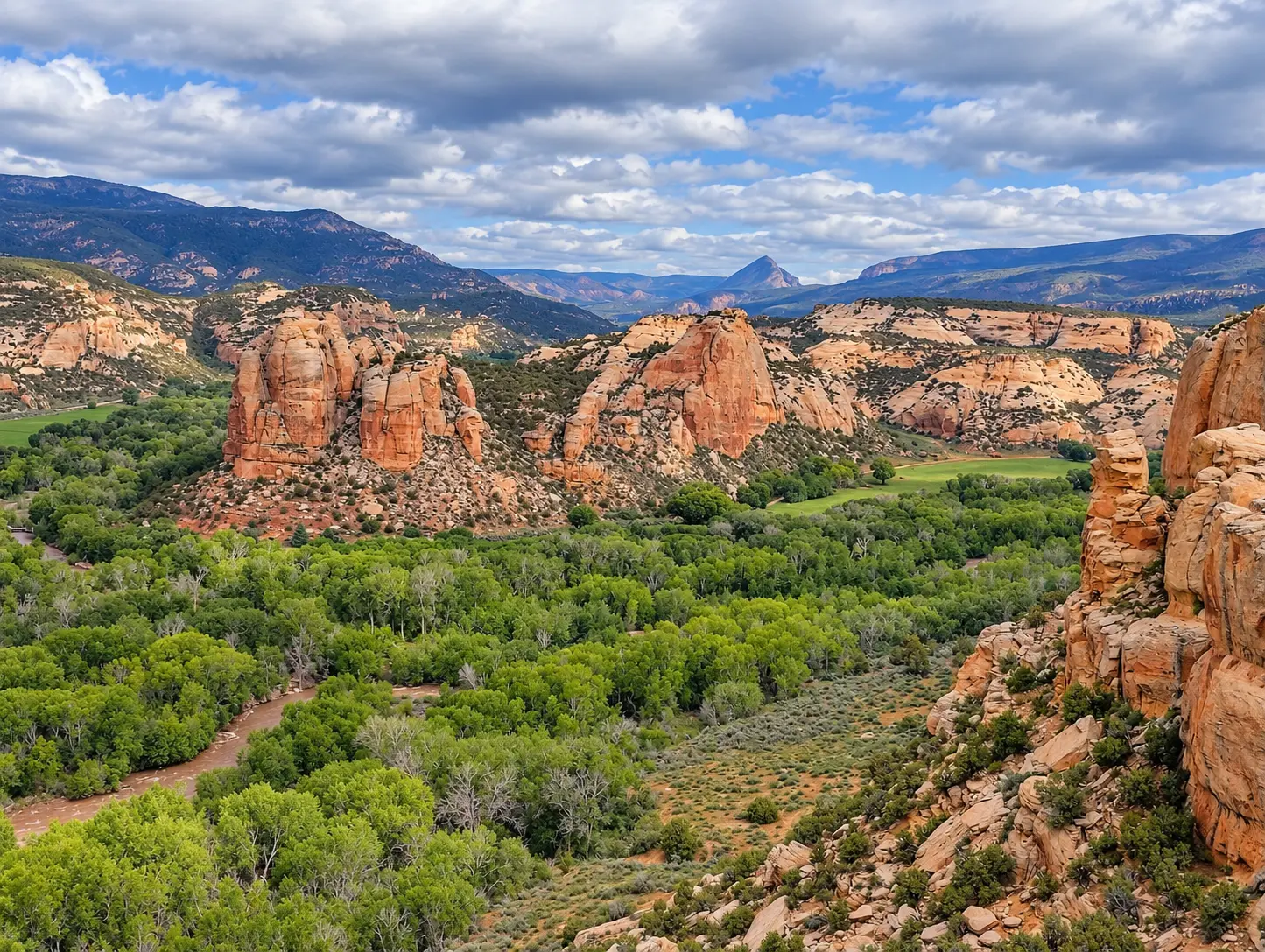 The view overlooking DryFork Canyon in Vernal Utah with a canyon and cliffs, trees, rocks, and a beautiful cloudy sky.