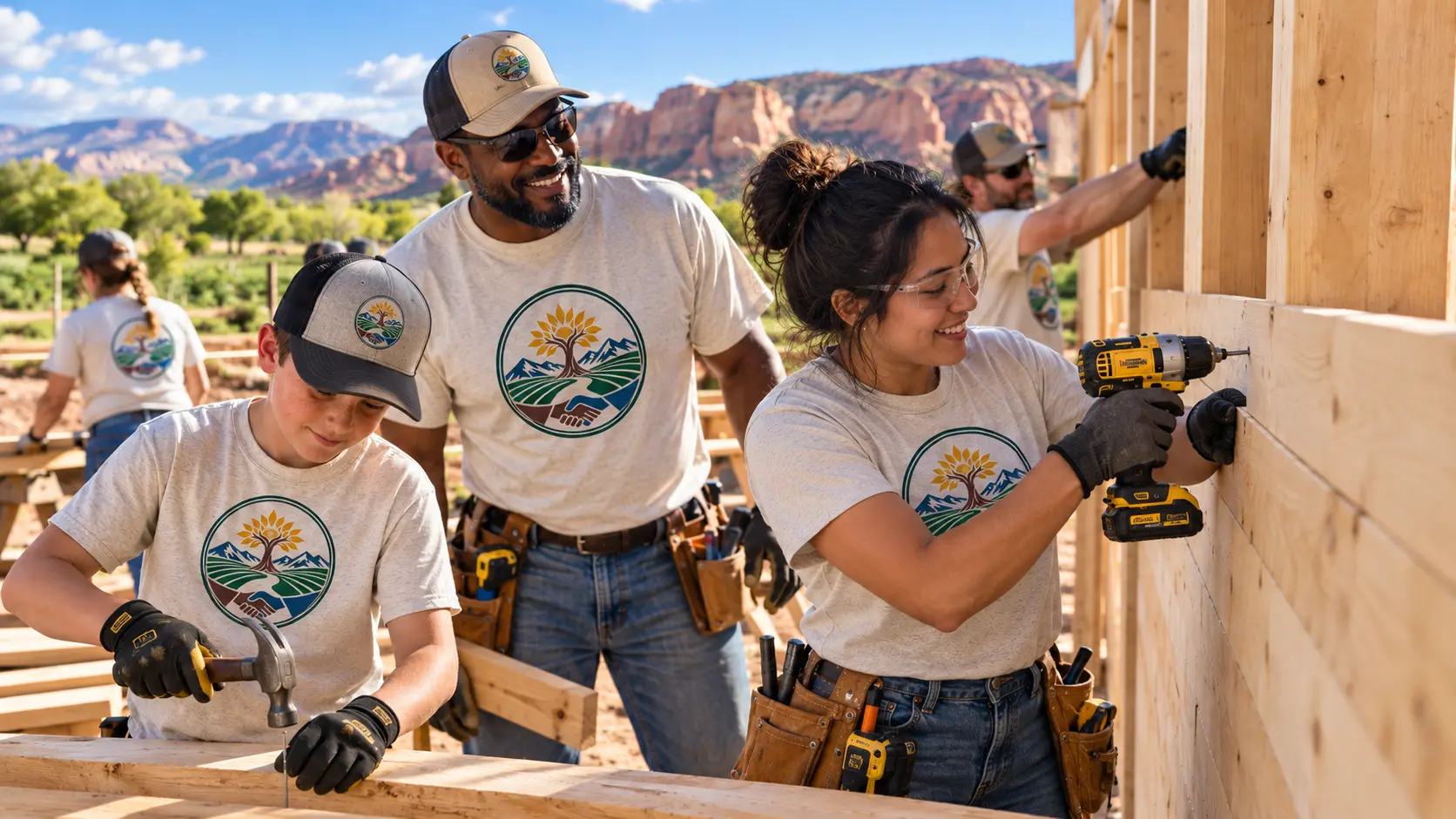 A man and a woman work on building a garden shed.