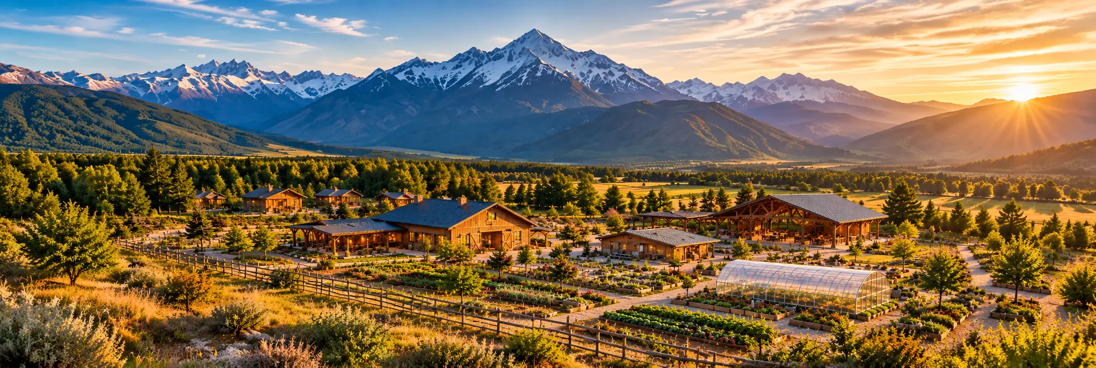 Illustrative mountain sunset with a wooden fence
