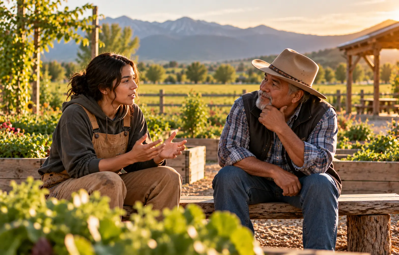 A man and a woman have a conversation in a field, with both listening deeply to one another.