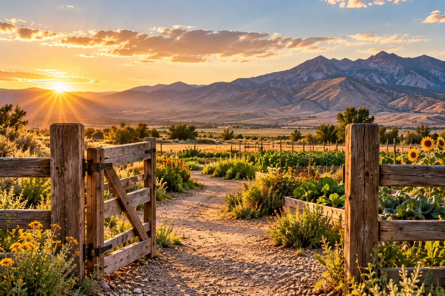 Illustrative mountain sunset with a wooden fence